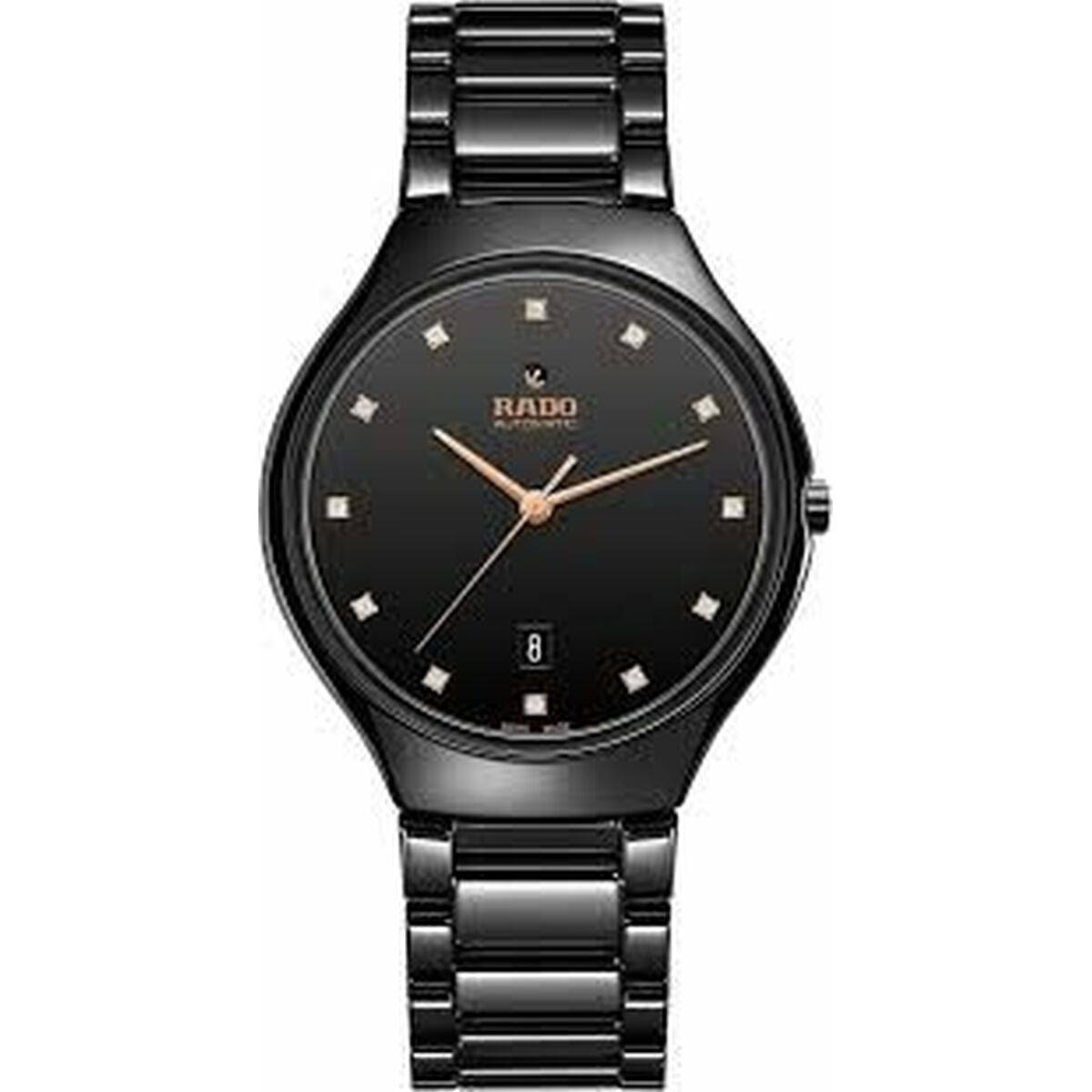 Black ceramic men’s wristwatch with gold hands, black dial, and date display