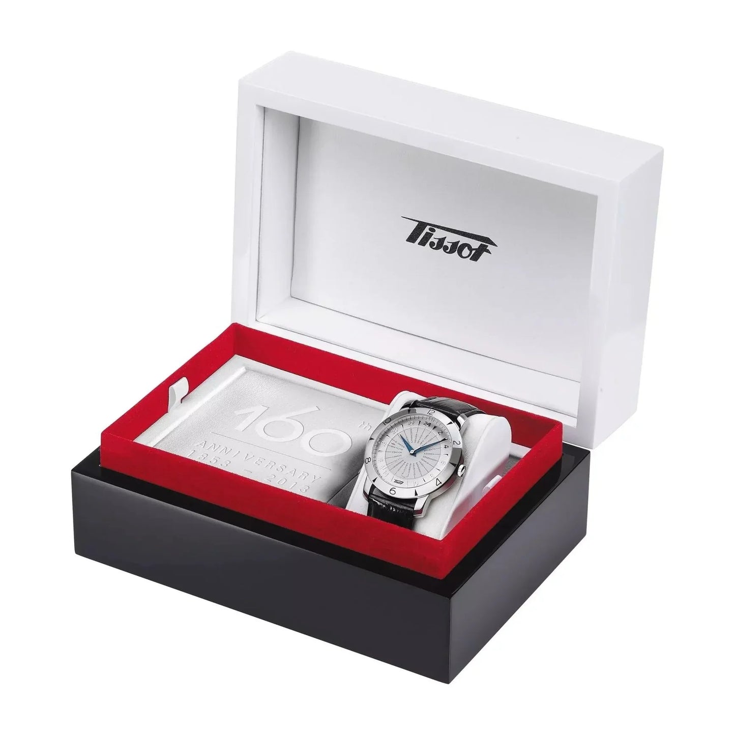 Luxury silver wristwatch with black leather strap in a gift box, anniversary edition