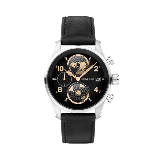 Luxury men's black leather watch with world map dial and chronograph features