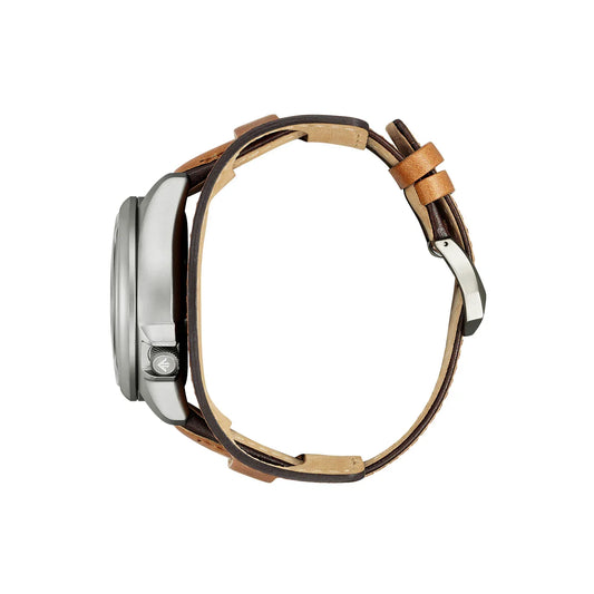 Side view of wristwatch with brown leather strap and brushed metal case