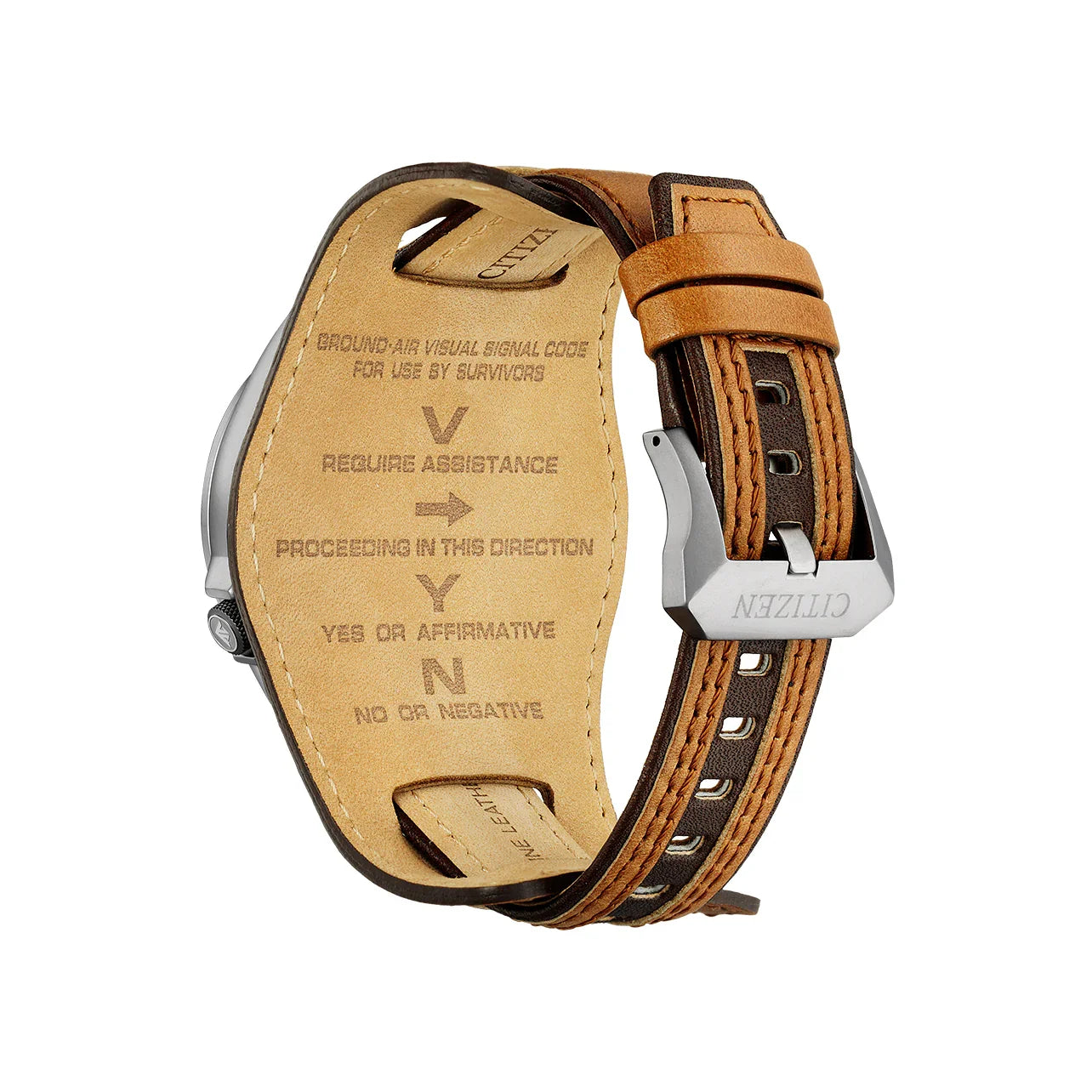 Hnědý kožený řemínek na hodinky s vyrytými kódy přežití a kovovou přezkou Citizen