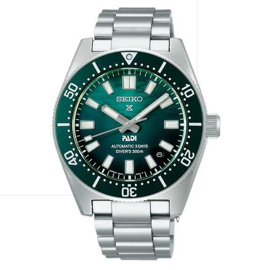 Green Seiko automatic diver watch with silver stainless steel bracelet and rotating bezel