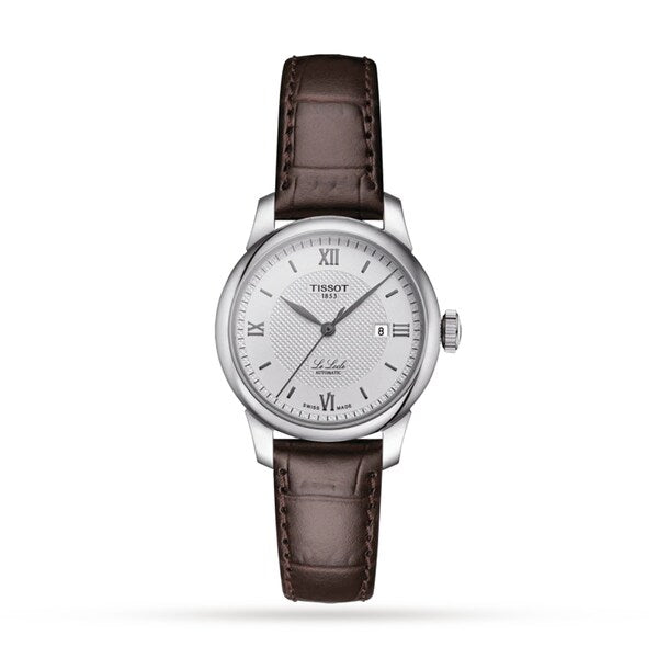 Silver analog wristwatch with brown leather strap and Roman numeral markers on white dial
