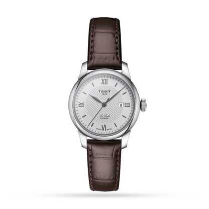 Silver analog wristwatch with brown leather strap and Roman numeral markers on white dial
