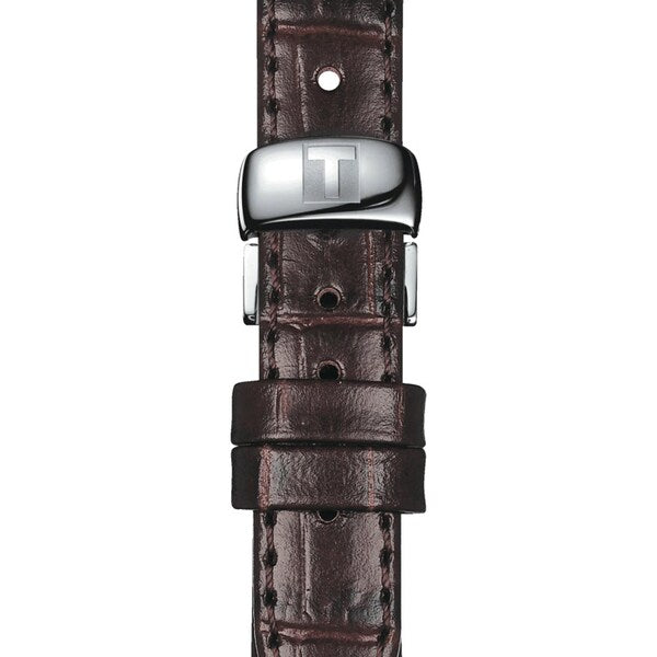 Brown leather watch strap with silver clasp and embossed T logo, detailed stitching