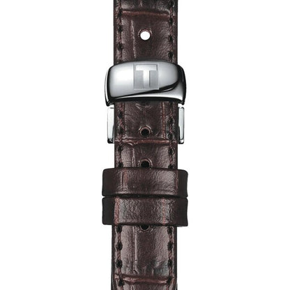 Brown leather watch strap with silver clasp and embossed T logo, detailed stitching