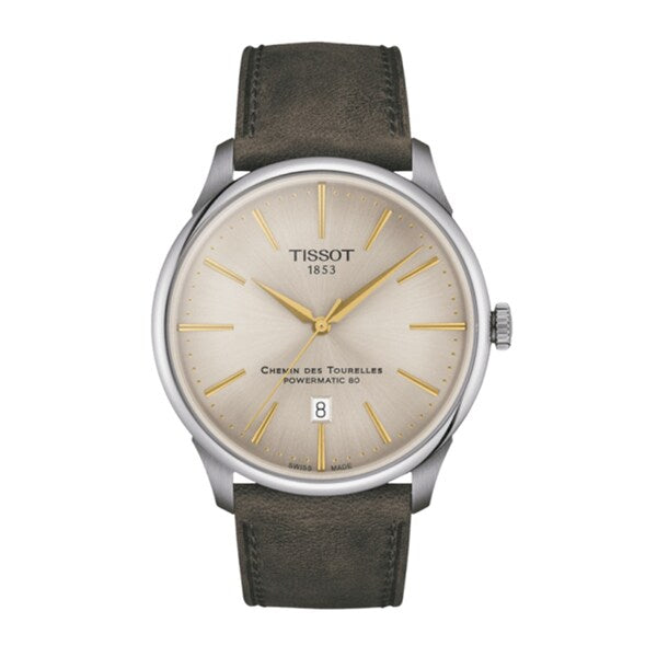 Elegant Tissot Powermatic 80 herenhorloge met zilveren wijzerplaat, gouden markers, zwart lederen band