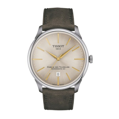 Elegant Tissot Powermatic 80 herenhorloge met zilveren wijzerplaat, gouden markers, zwart lederen band