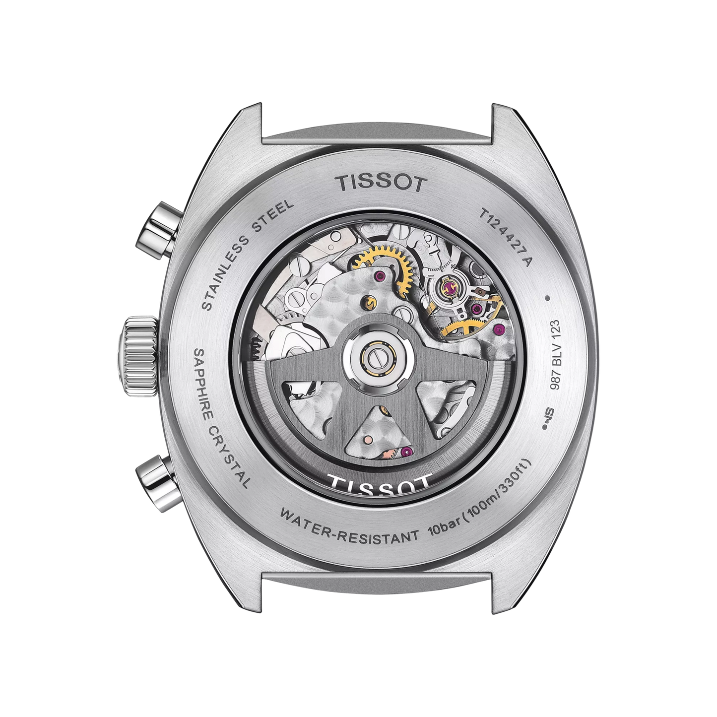 Stainless steel watch case back showing automatic movement and sapphire crystal details