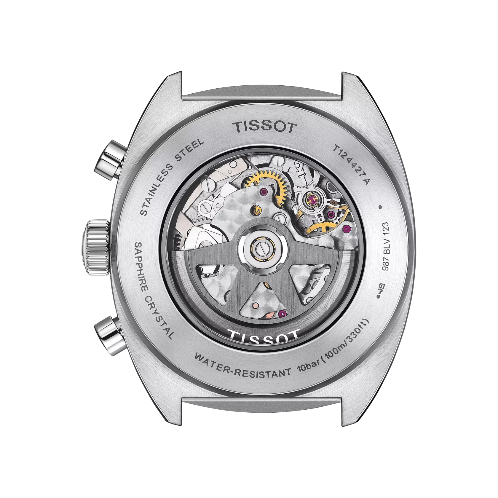 Stainless steel watch case back showing automatic movement and sapphire crystal details