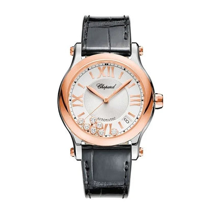 Luxury wristwatch with rose gold bezel, silver dial, diamond accents, and black leather strap