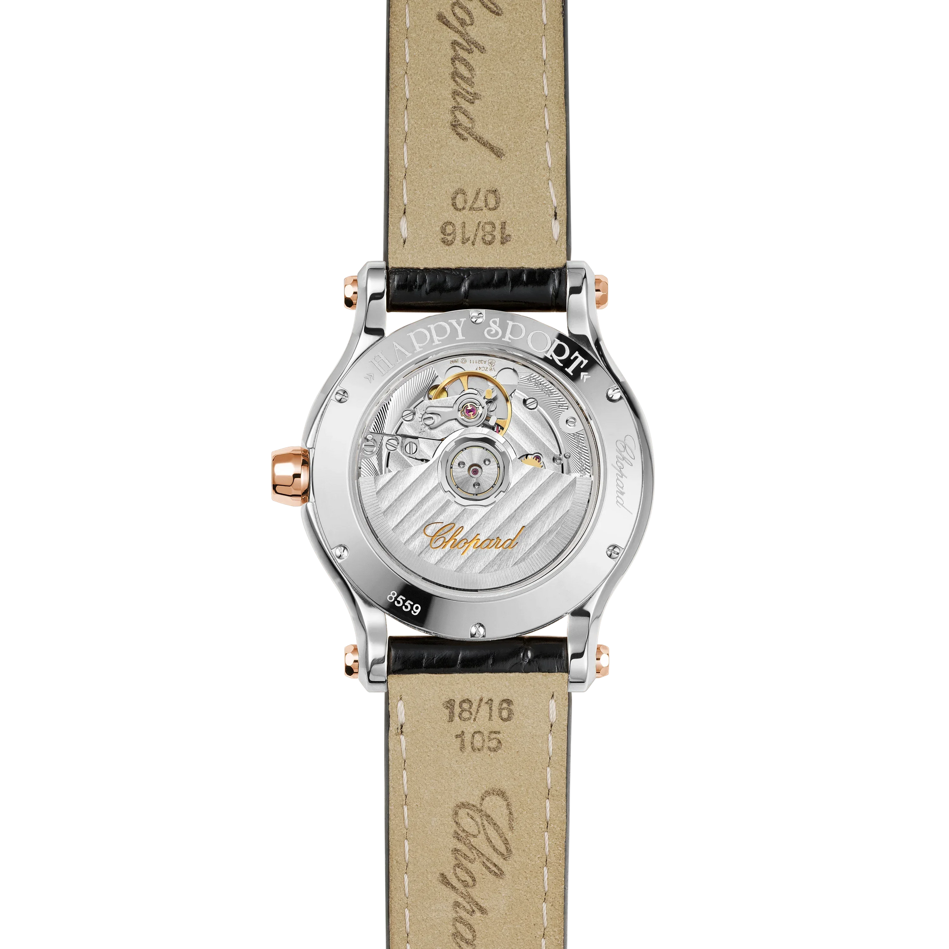 Luxury watch back with visible automatic movement, leather strap, and engraved details
