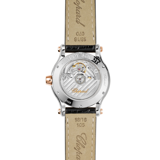 Luxury watch back with visible automatic movement, leather strap, and engraved details