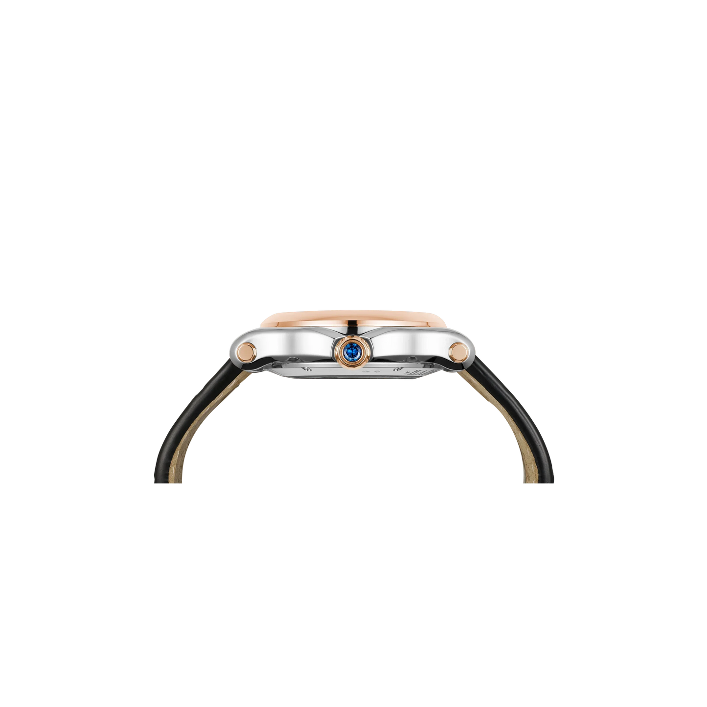 Side view of a luxury wristwatch with a two-tone case, black strap, and blue crown detail.