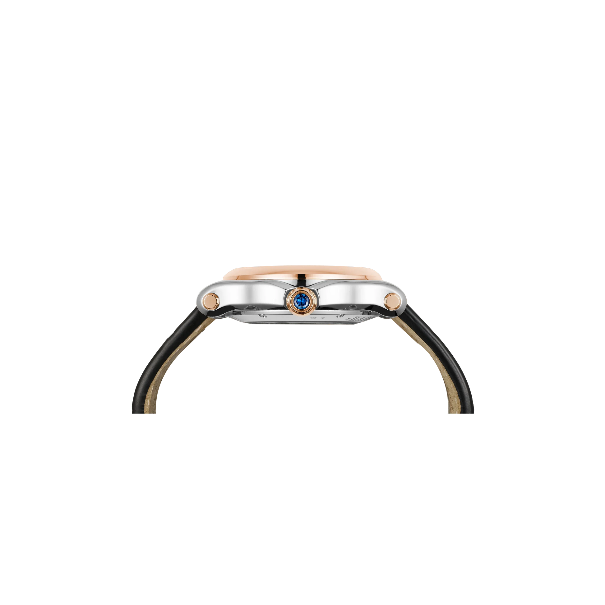 Side view of a luxury wristwatch with a two-tone case, black strap, and blue crown detail.