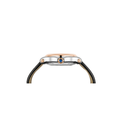 Side view of a luxury wristwatch with a two-tone case, black strap, and blue crown detail.