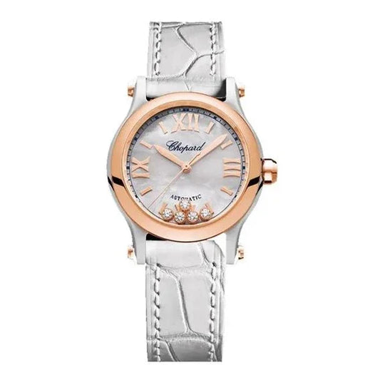 Luxury automatic watch with rose gold bezel, white dial, diamond accents, and silver leather strap