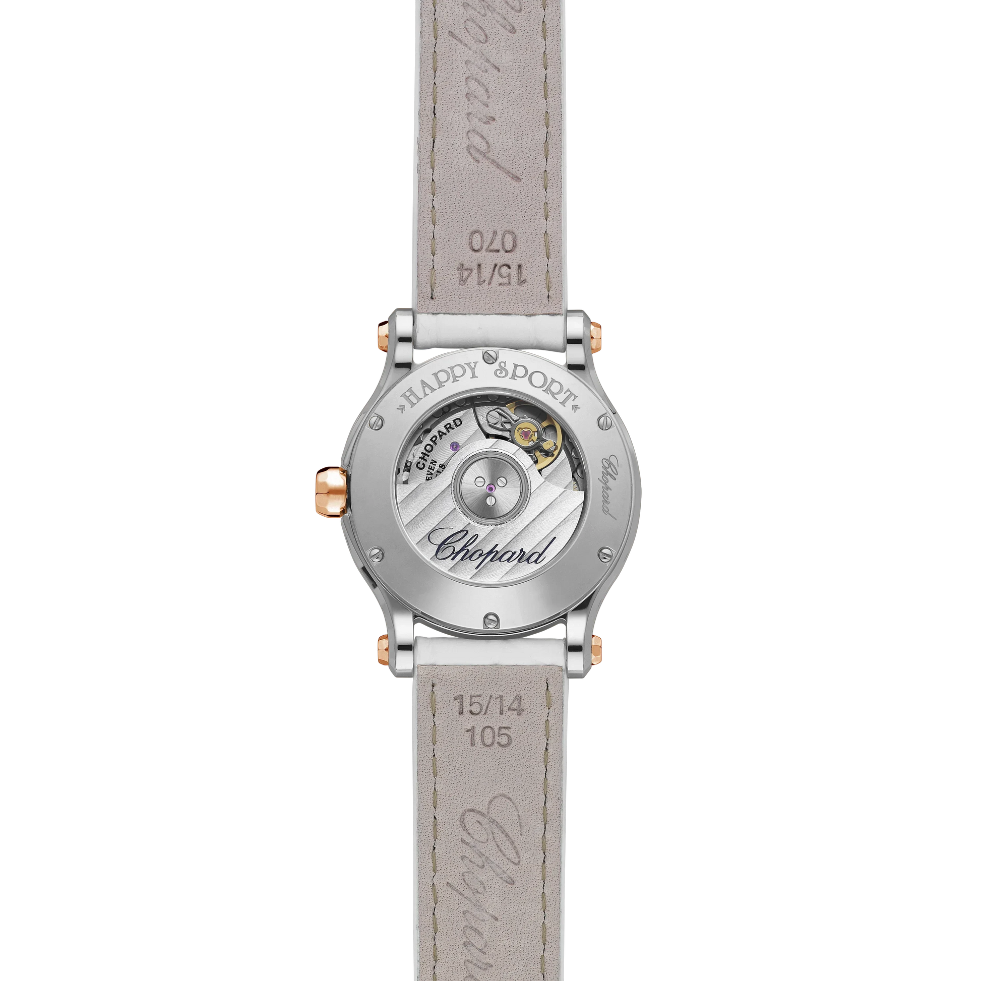 Vista posterior del reloj de lujo que muestra el movimiento automático, fondo de caja visible y correa de cuero