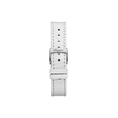 Correa de reloj de cuero blanco con hebilla plateada, fondo negro, accesorio elegante