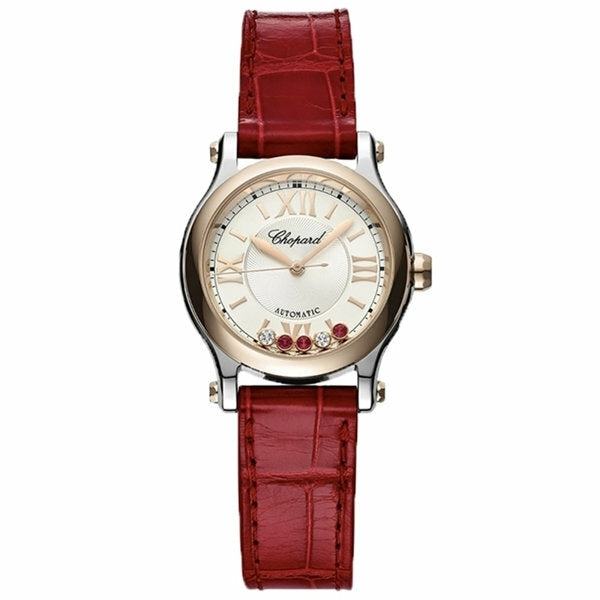 Luxury ladies watch with red leather strap, gold case, and roman numeral dial