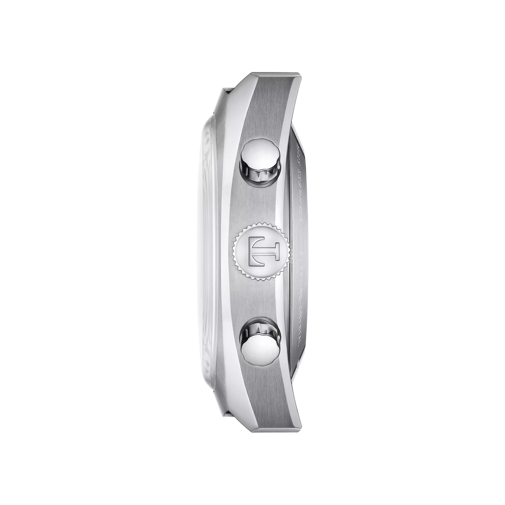 Side profile of a luxury stainless steel chronograph watch case with crown and pushers.