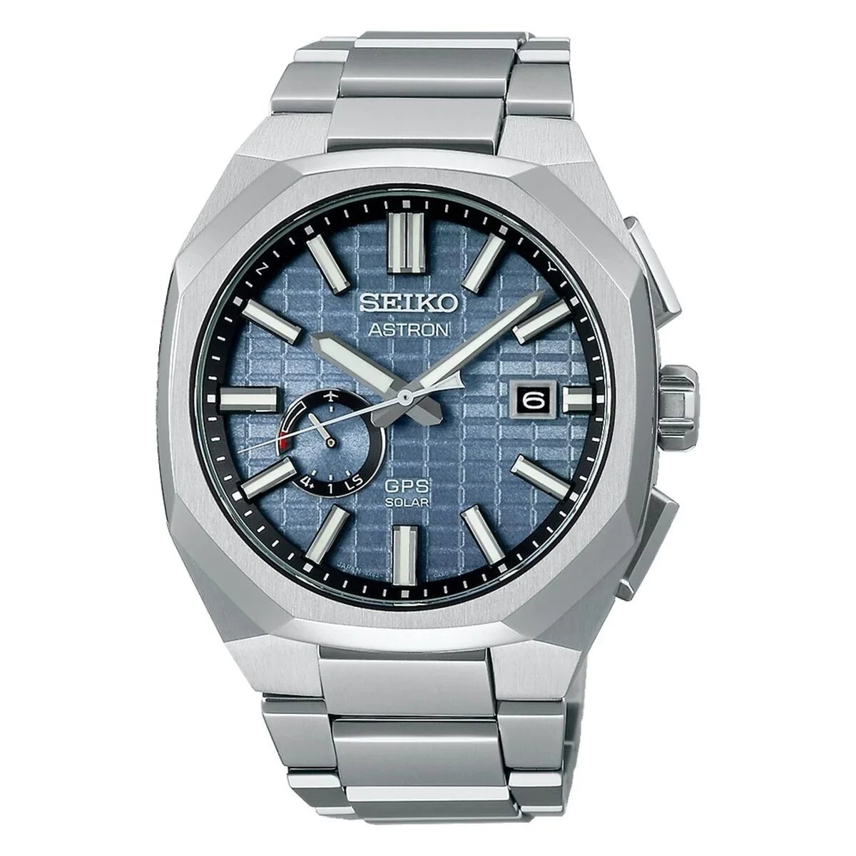 Silver stainless steel wristwatch with blue textured dial, date display, and luminous markers