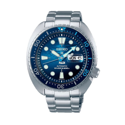 Blue dial diver's wristwatch with stainless steel band and luminous markers