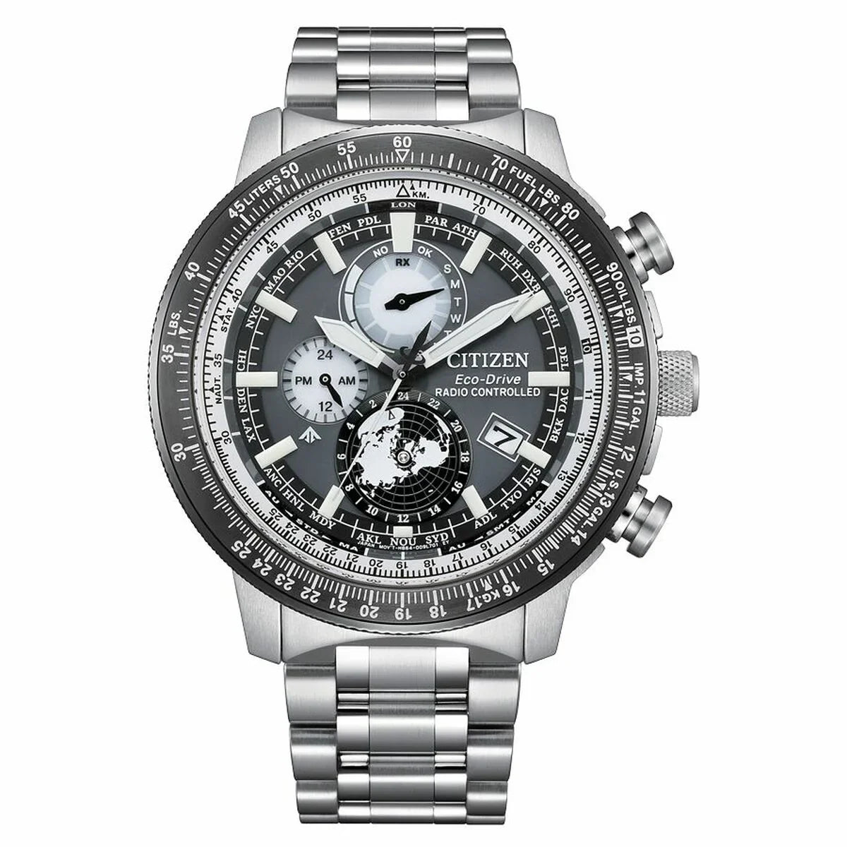 Silver Citizen Eco-Drive radio controlled chronograph watch with multifunctional black dial