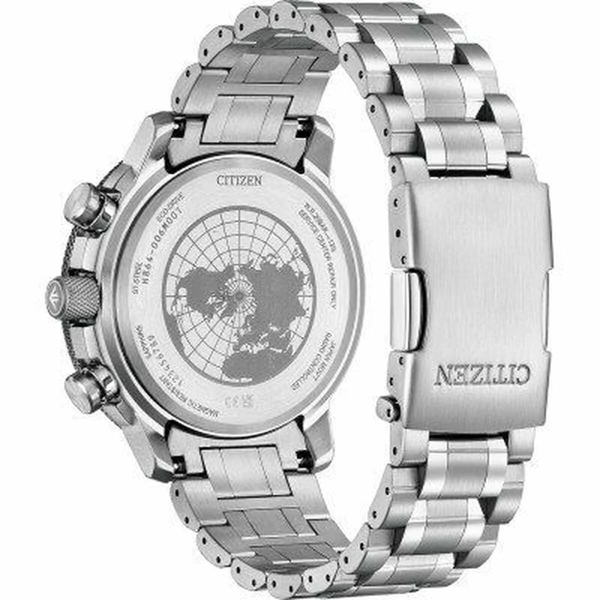 Stainless steel watch with engraved world map case back and metal link bracelet