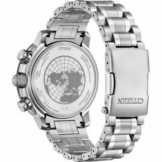 Stainless steel watch with engraved world map case back and metal link bracelet