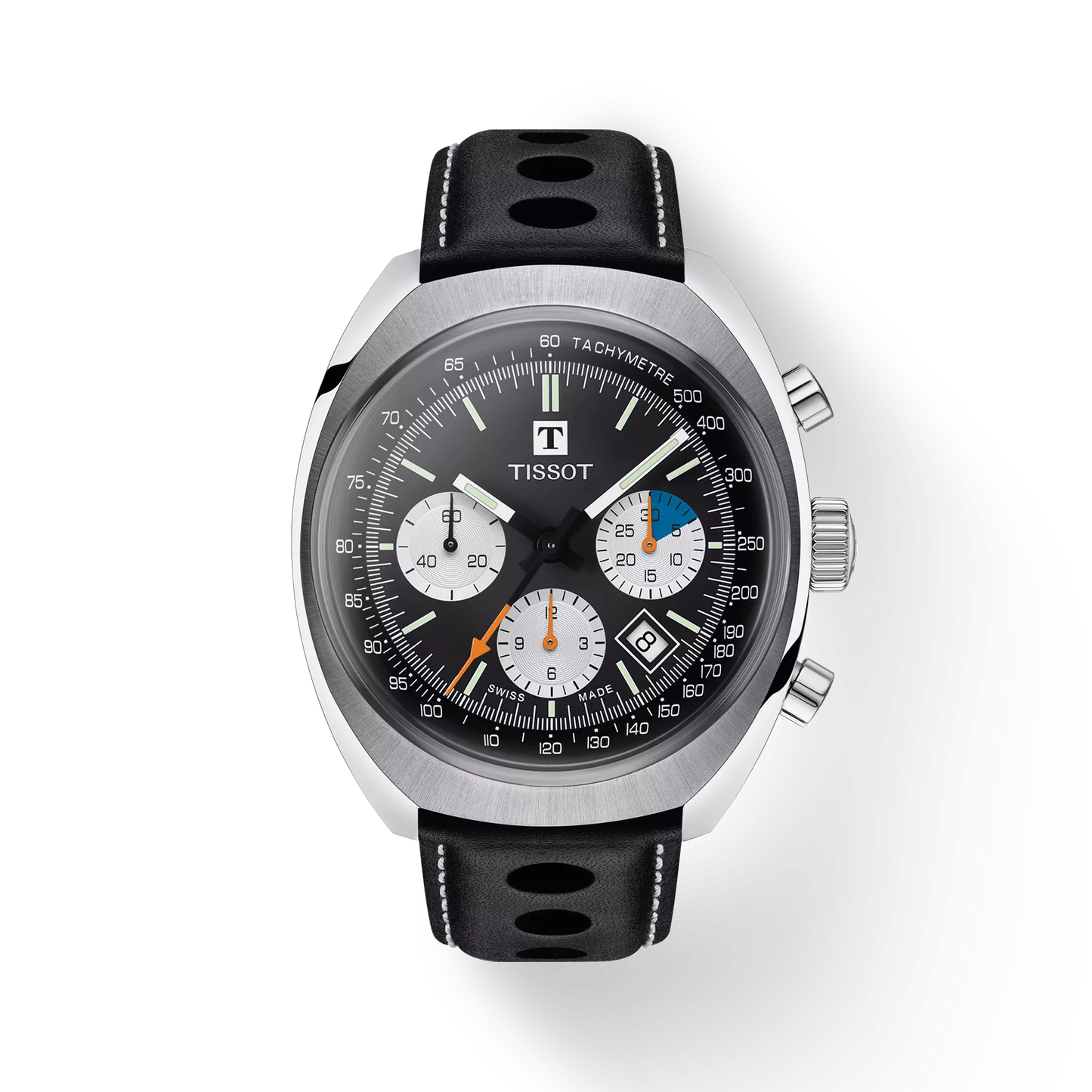 Stainless steel chronograph watch with black leather strap, multi-color subdials, and tachymeter.