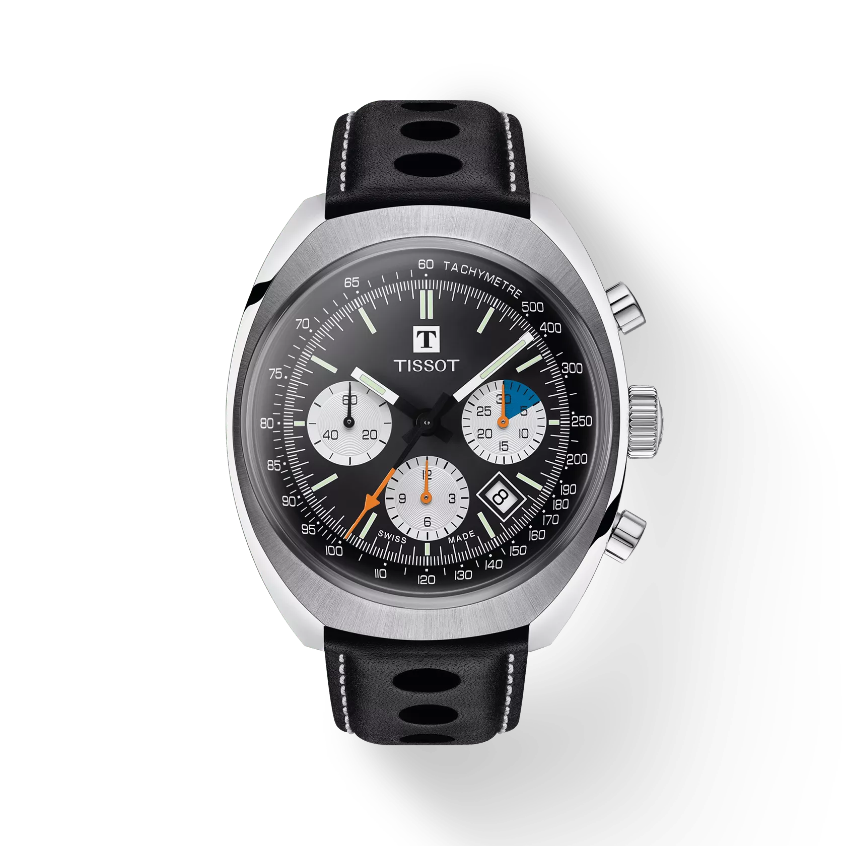 Stainless steel chronograph watch with black leather strap, multi-color subdials, and tachymeter.