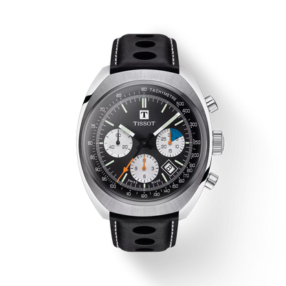 Stainless steel chronograph watch with black leather strap, multi-color subdials, and tachymeter.