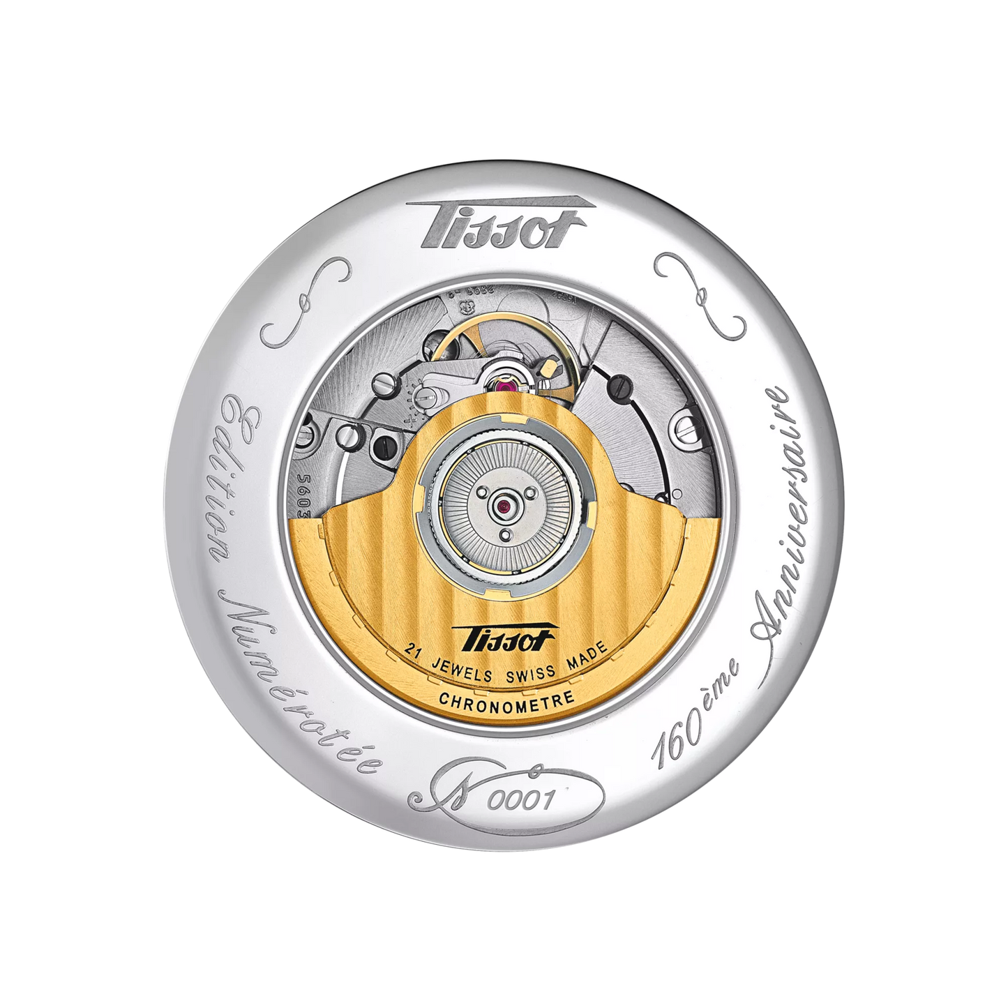 Swiss watch movement with engraved rotor, Tissot logo, and 21 jewels chronometer details.