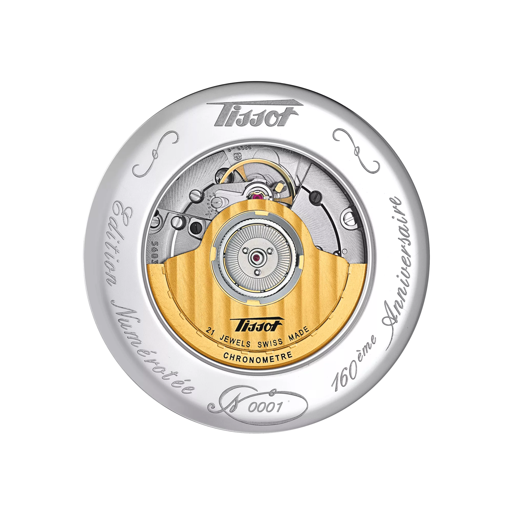 Swiss watch movement with engraved rotor, Tissot logo, and 21 jewels chronometer details.