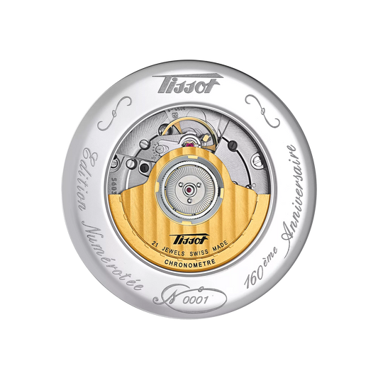 Swiss watch movement with engraved rotor, Tissot logo, and 21 jewels chronometer details.