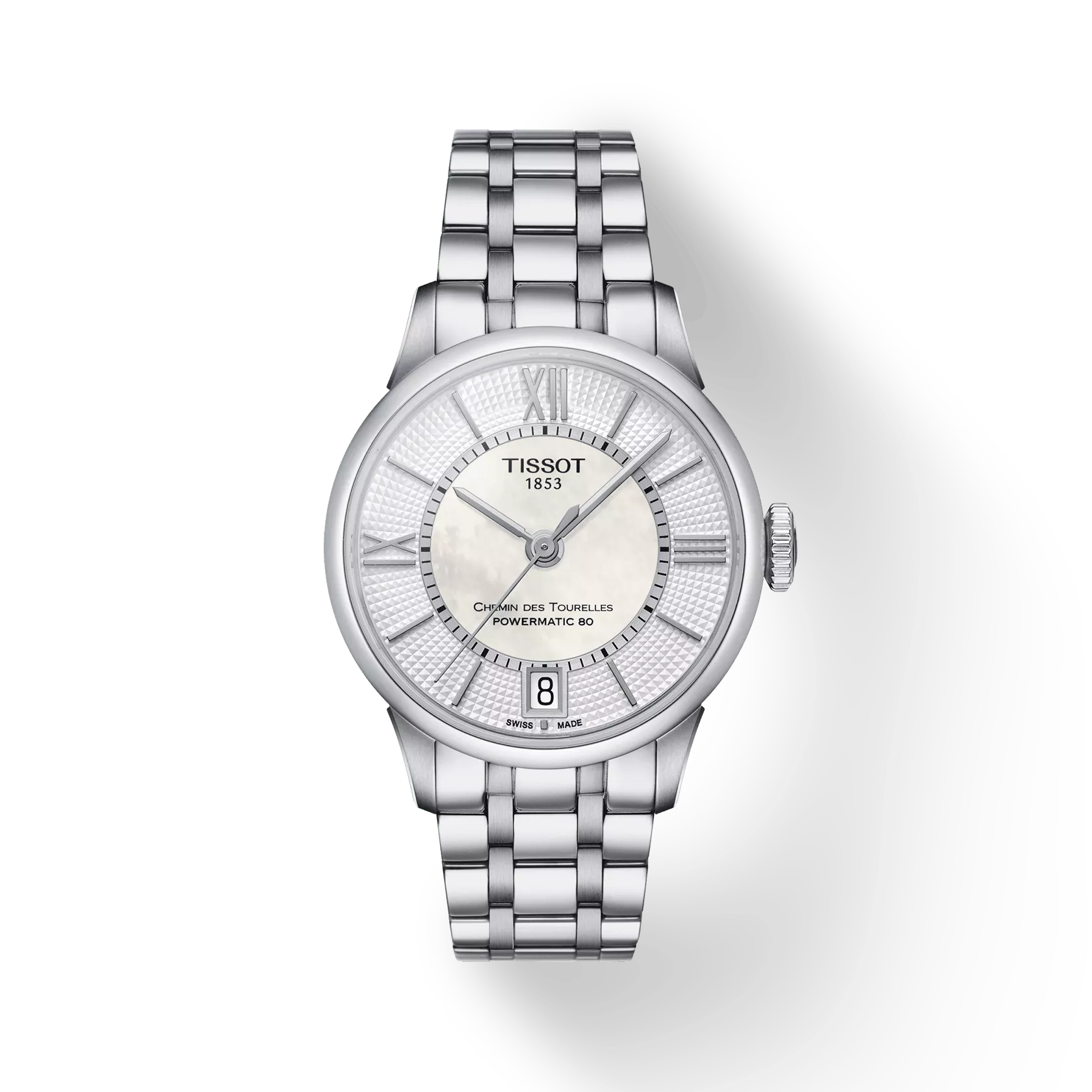 Sølv luksusarmbåndsur med metalarmbånd, rund urskive og romertalsmarkører