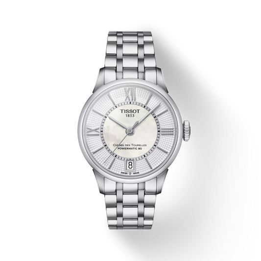 Silver luxury wristwatch with metal bracelet, round dial, and Roman numeral markers