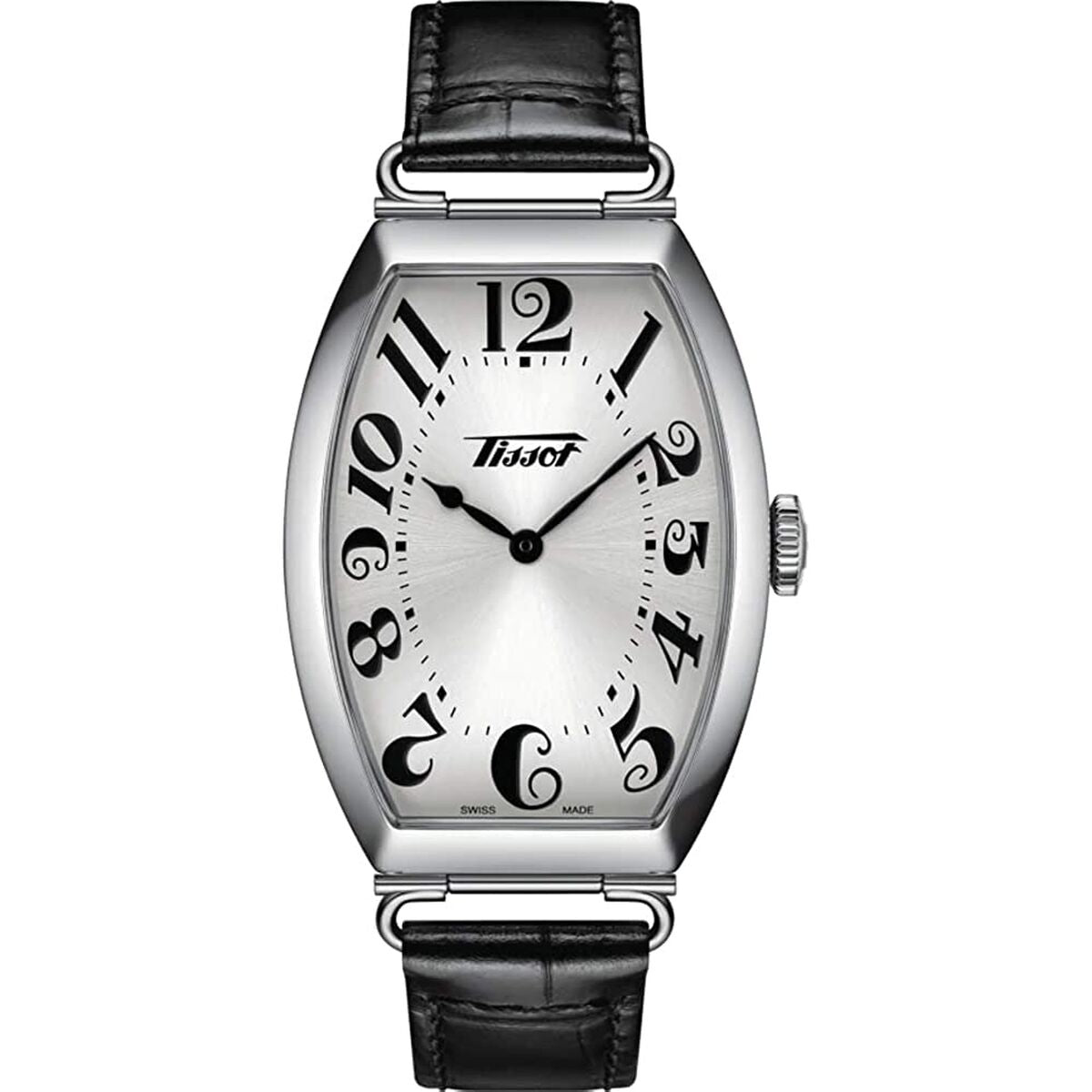 Silver tonneau-shaped wristwatch with bold black numerals and black leather strap
