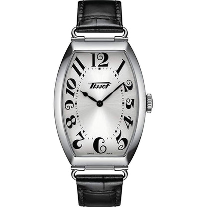 Silver tonneau-shaped wristwatch with bold black numerals and black leather strap