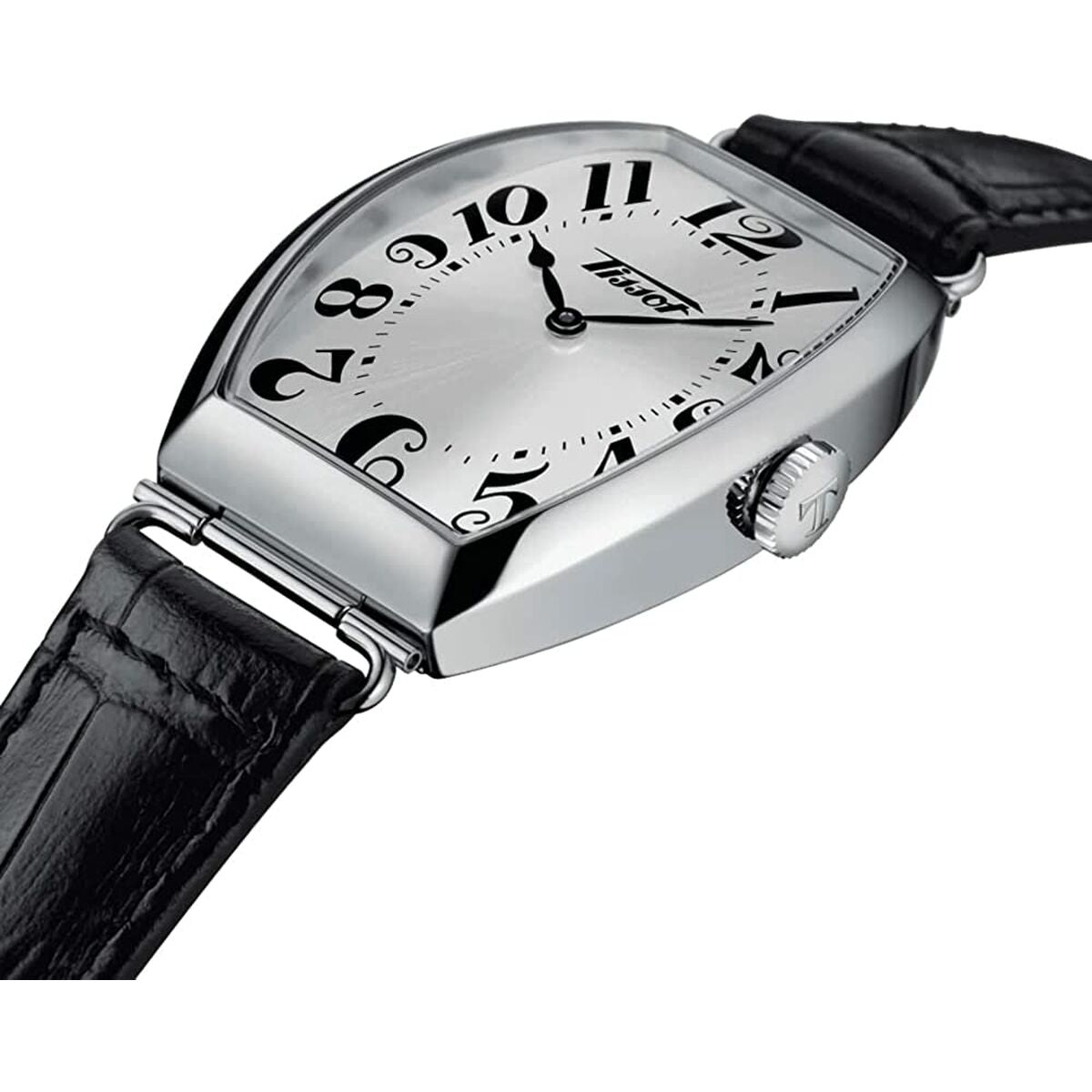Silver tonneau-shaped wristwatch with black leather strap and bold black numerals