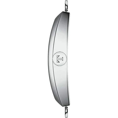 Side view of a silver watch case with crown and two lugs, minimalist design
