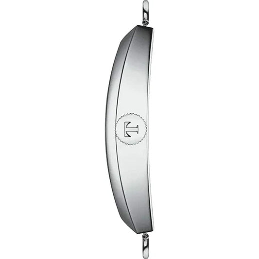 Side view of a silver watch case with crown and two lugs, minimalist design