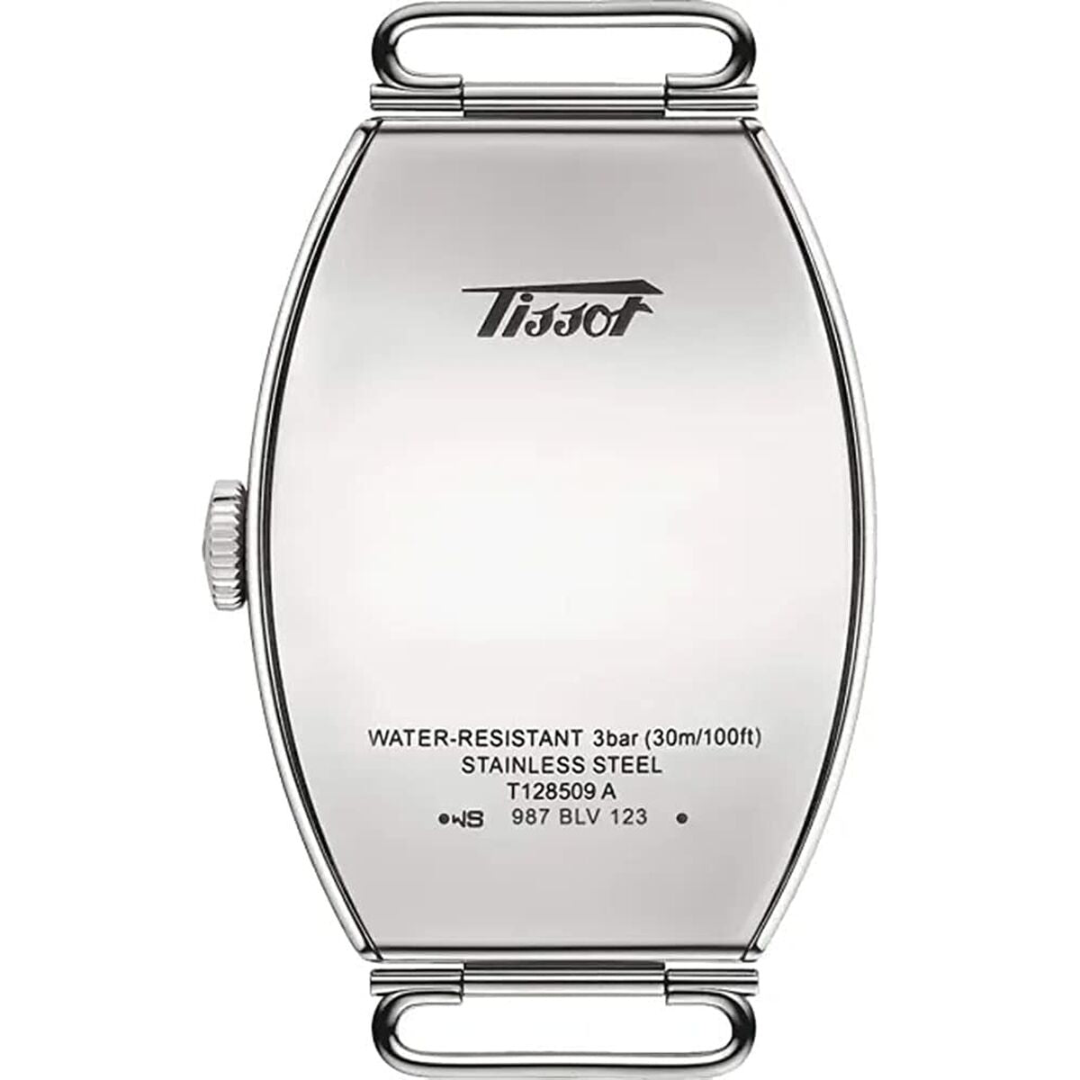 Stainless steel watch case back with water resistance and model details engraved.