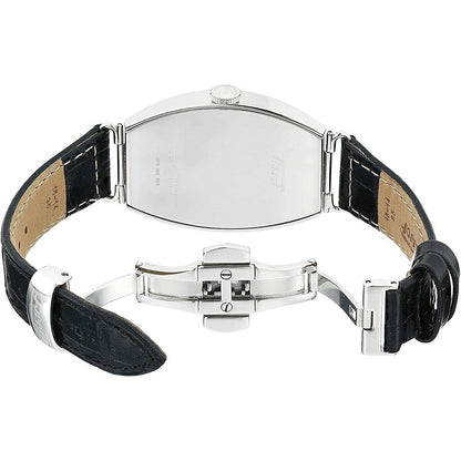 Luxury wristwatch with silver case, black leather strap, and deployment clasp