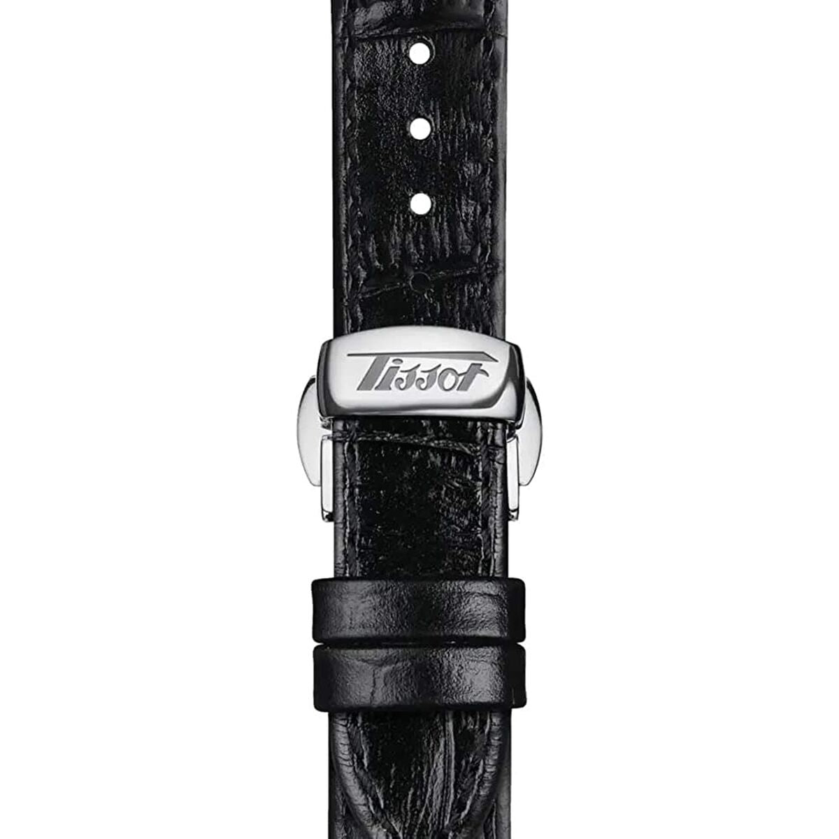 Black leather watch strap with stainless steel buckle and embossed Tissot logo