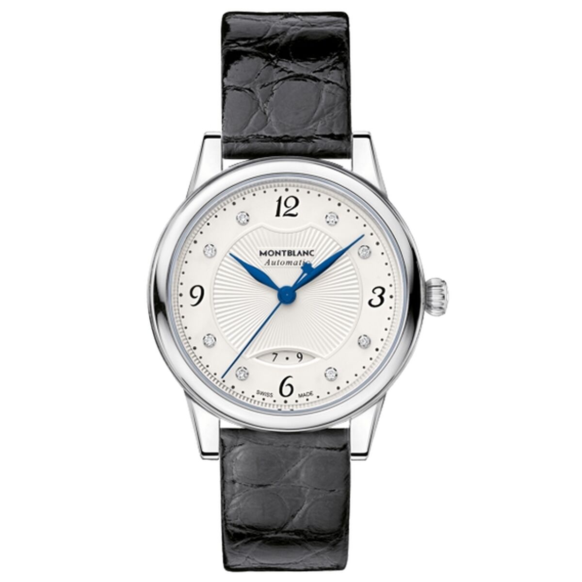 Luxury wristwatch with white dial, diamond markers, blue hands, and black leather strap