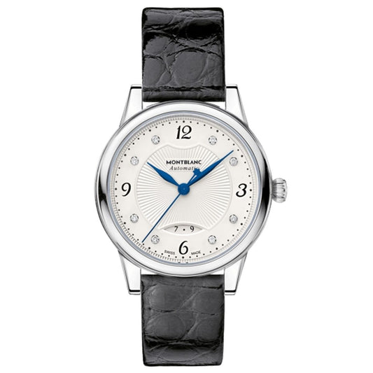 Luxury wristwatch with white dial, diamond markers, blue hands, and black leather strap