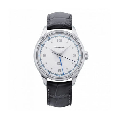 Silver men's watch with white dial, blue accents, and black leather strap