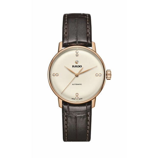 Elegant rose gold automatic wristwatch with diamond hour markers and brown leather strap